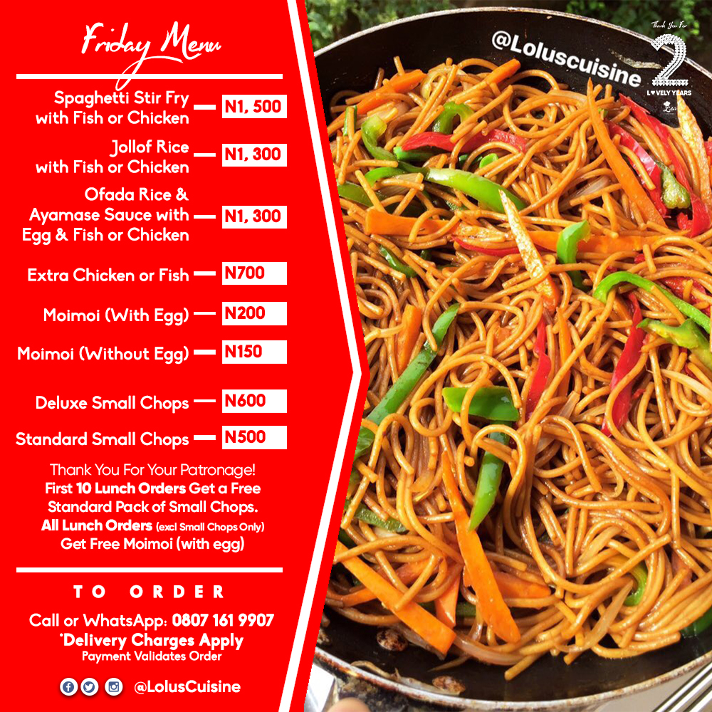 spaghetti stir fry beside lolu's cuisine anniversary menu